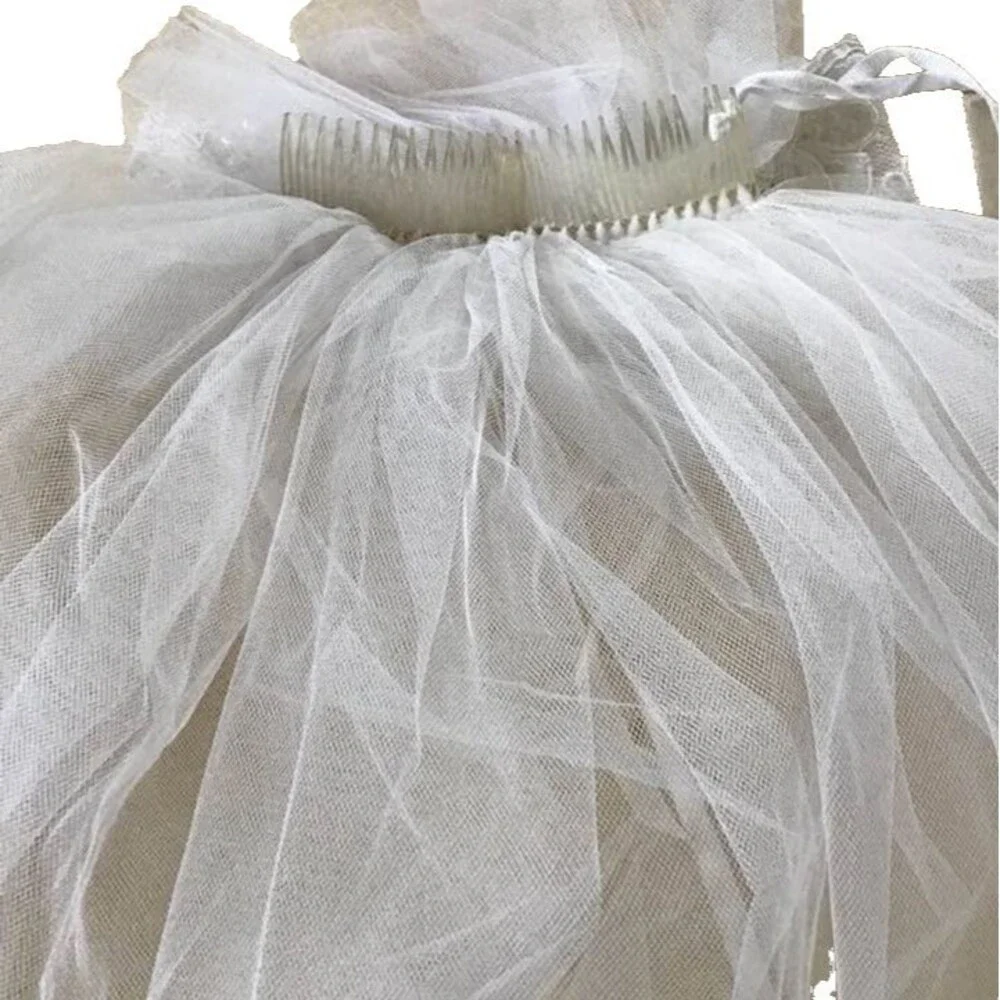 Halloween Costume Wedding Veil Ivory Bow Tulle Beads Half Length Bride Dress Up